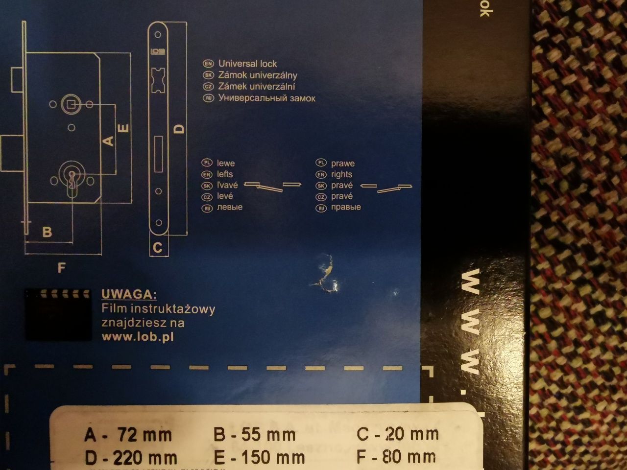 Zamek wpuszczany prawy 72/55mm LOB (Assa Abloy) z kluczem