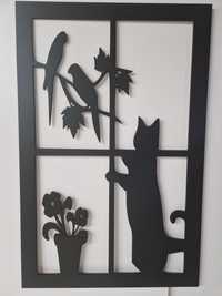 Duży ażurowy obraz,  panel ozdobny kot w oknie, wysyłka GRATIS