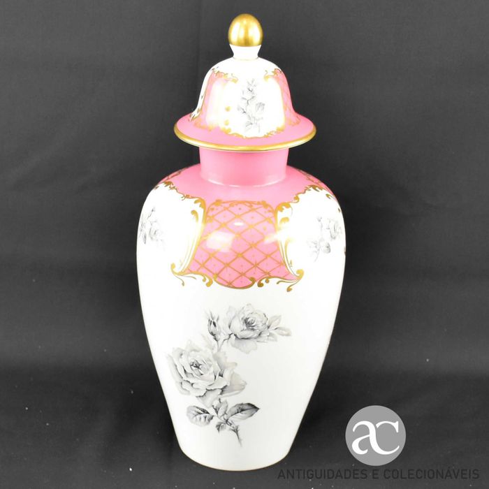 Pote com tampa porcelana Artibus, com apontamentos a ouro