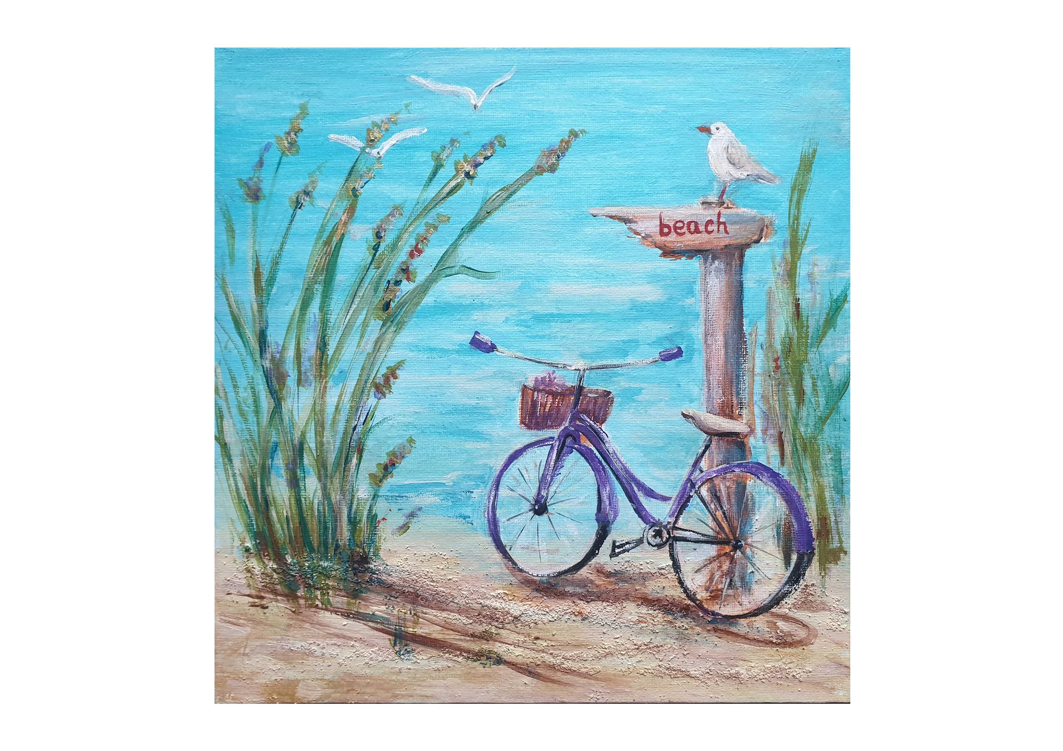 Obraz ręcznie malowany  25x25 cm "Rower" plaża lato