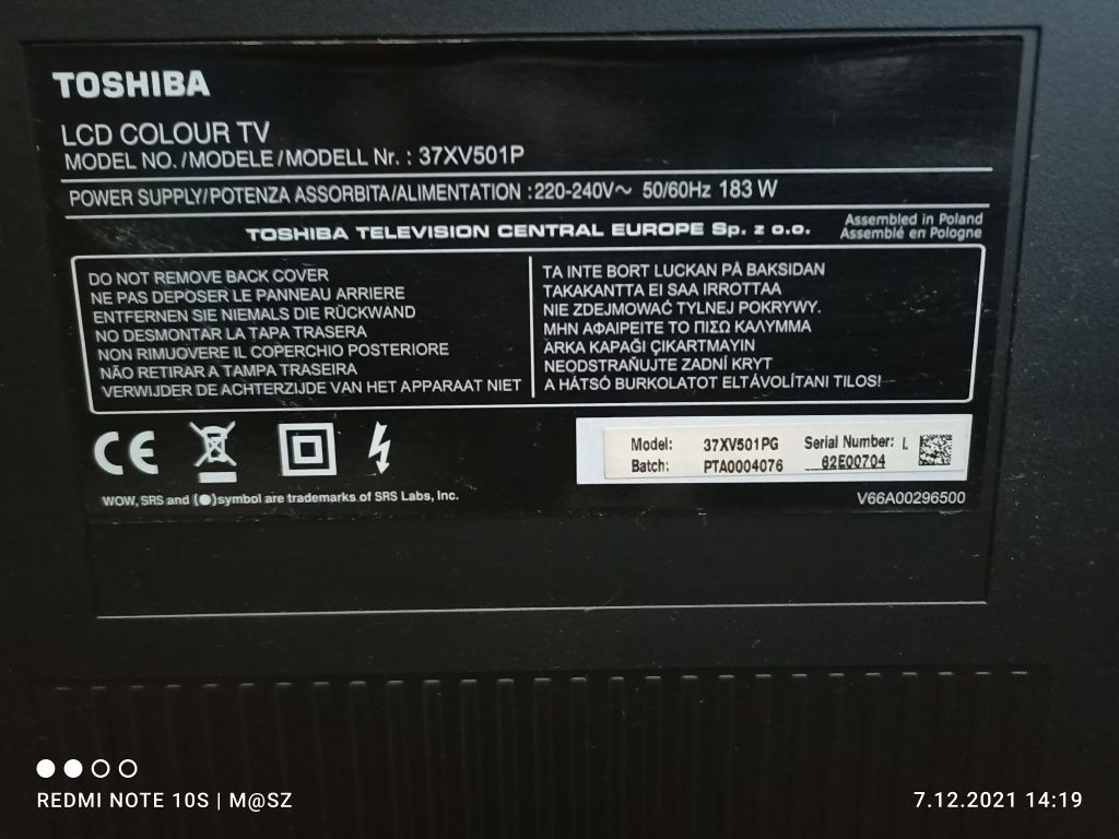 Telewizor TOSHIBA Regza 37 + tuner DVB-T2