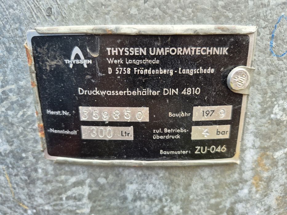Zbiornik hydrofor ciśnieniowy thyssen 4 bar 300l litrów bojler na wodę