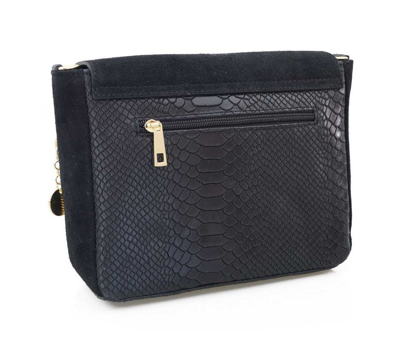 VERA PELLE torebka damska zamszowa listonoszka z paskiem V290 czarna