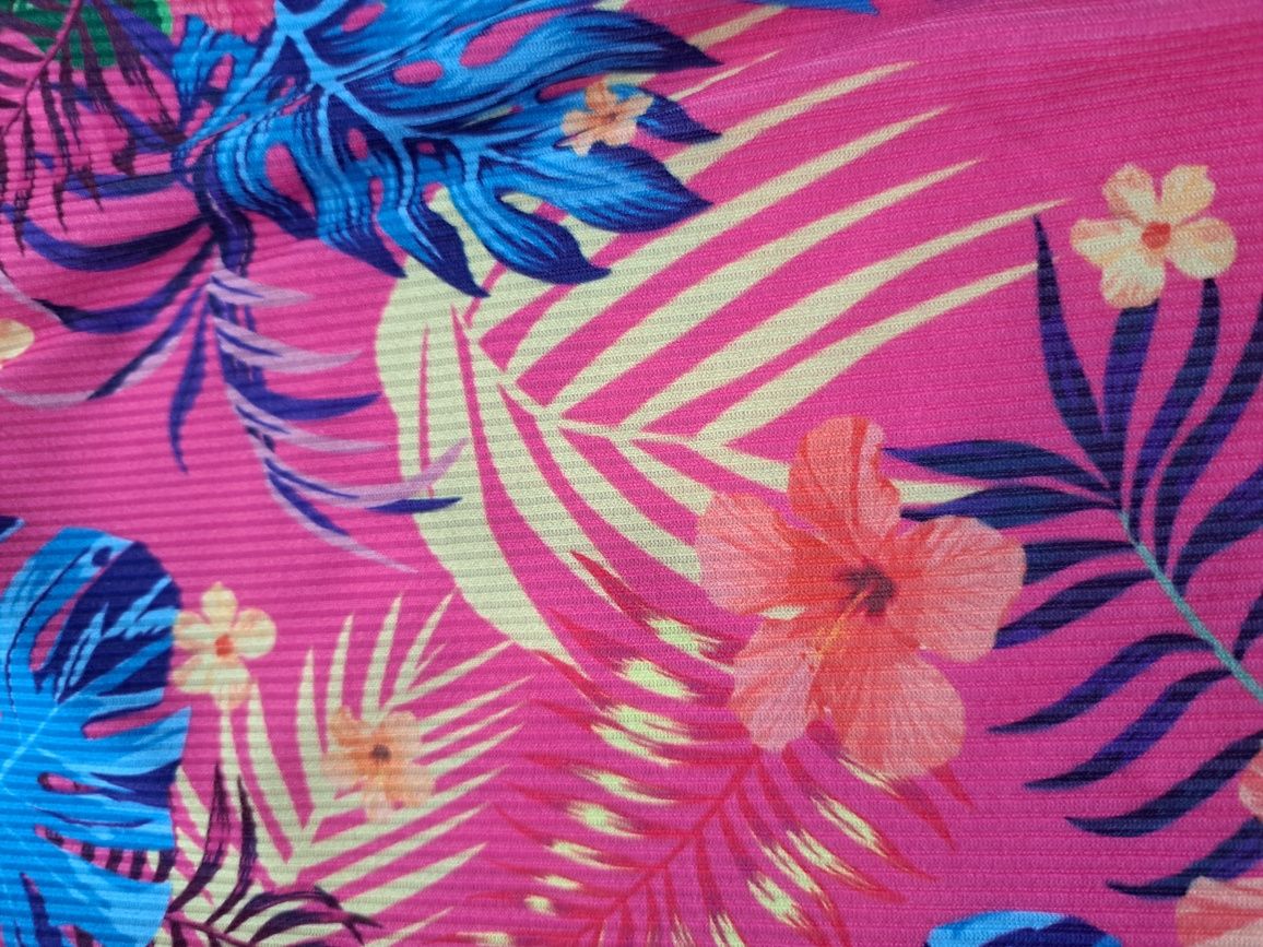 Nowy komplet bluzka legginsy tropikalne kwiaty liście 146/152 fuksja