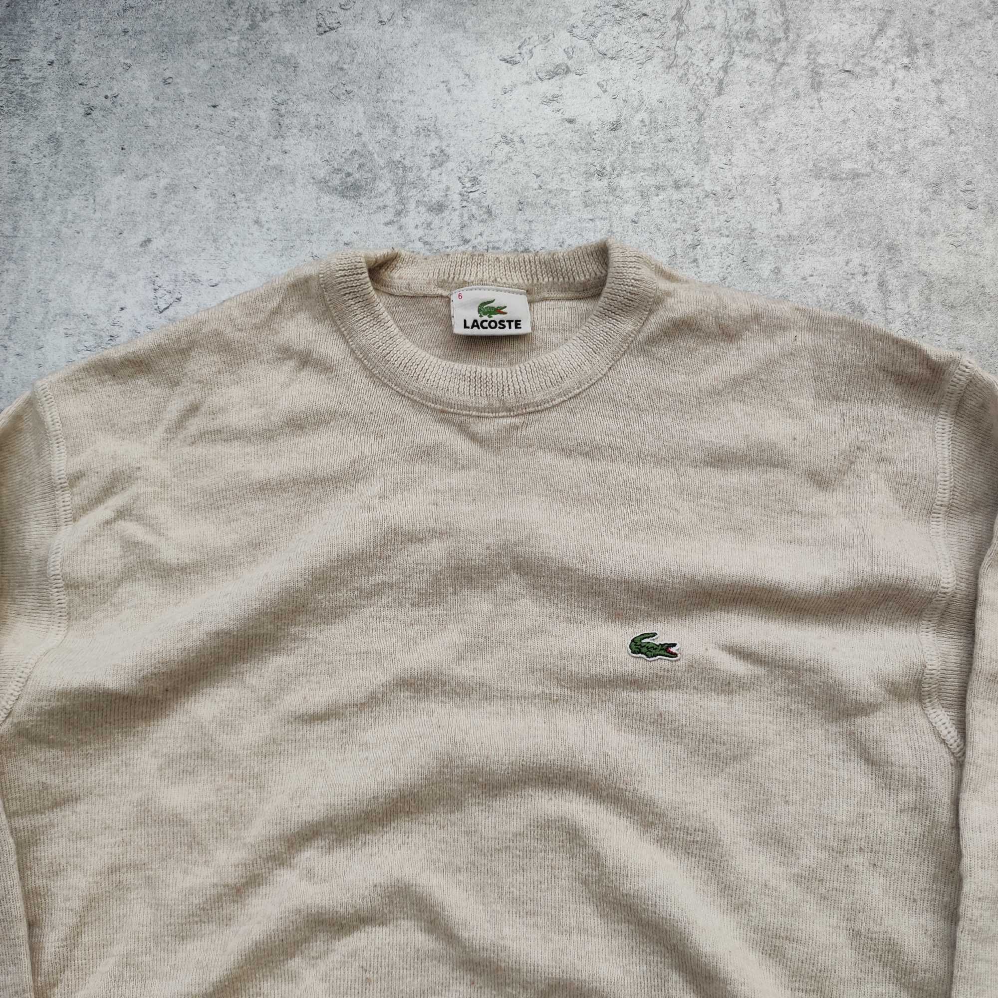 MĘSKI Elegancki Sweter PREMIUM Beżowy Wełna Haft Logo Lacoste Casual
