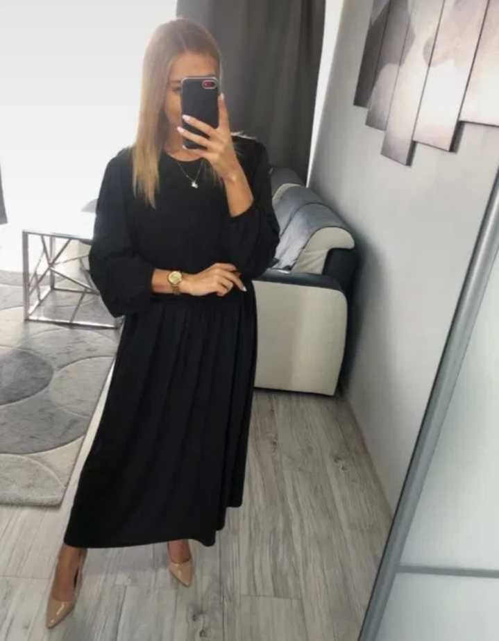 Zara czarna elegancka długa maxi prosta sukienka S/M