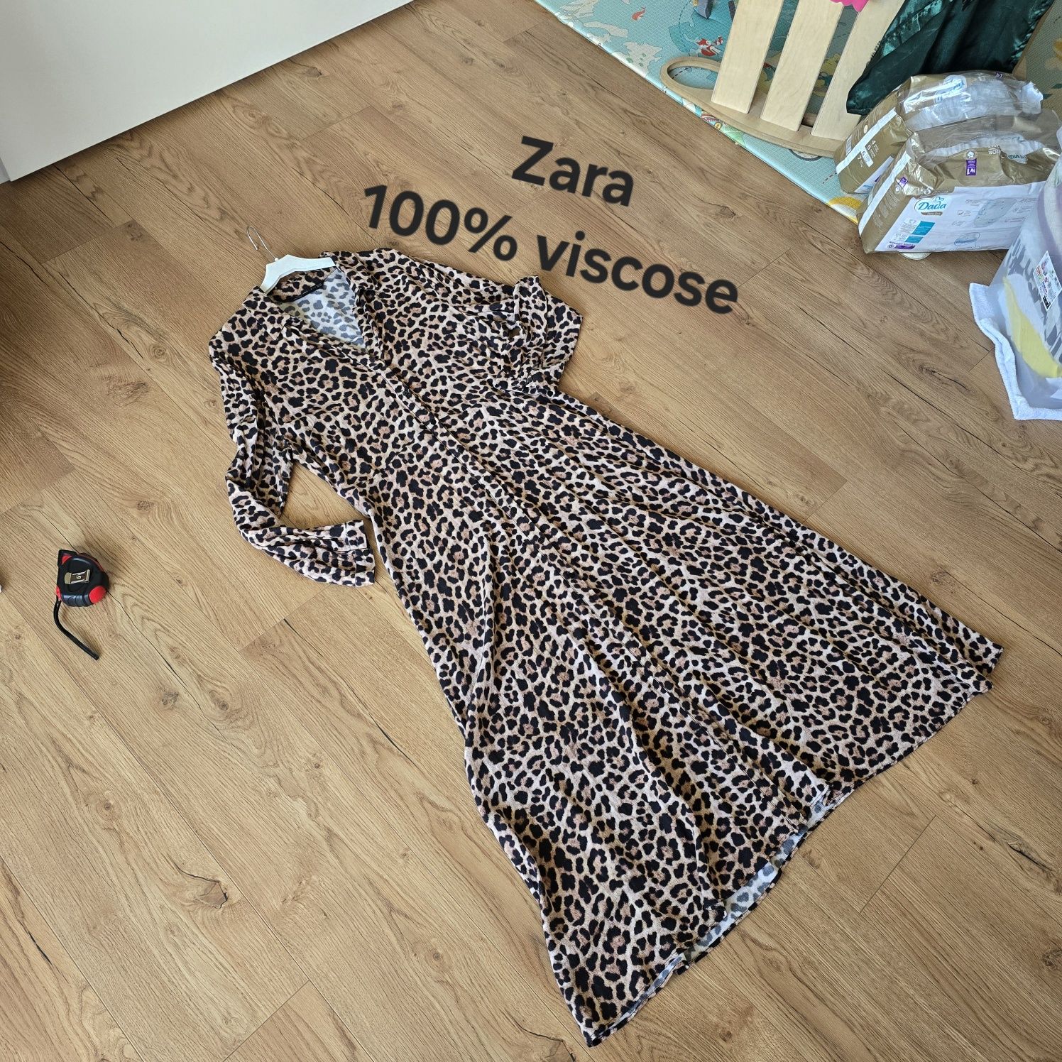 Sukienka midi Zara 44 xxl długi rękaw viscose print koszulowa pantera