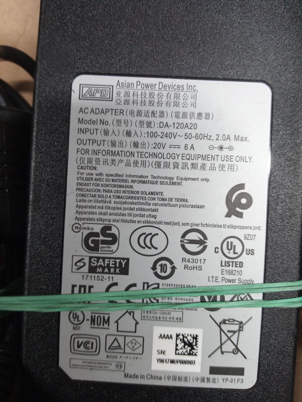APD Fujitsu Asus Toshiba Lenovo 120W блок живлення 20V 6A 5.5x2.5