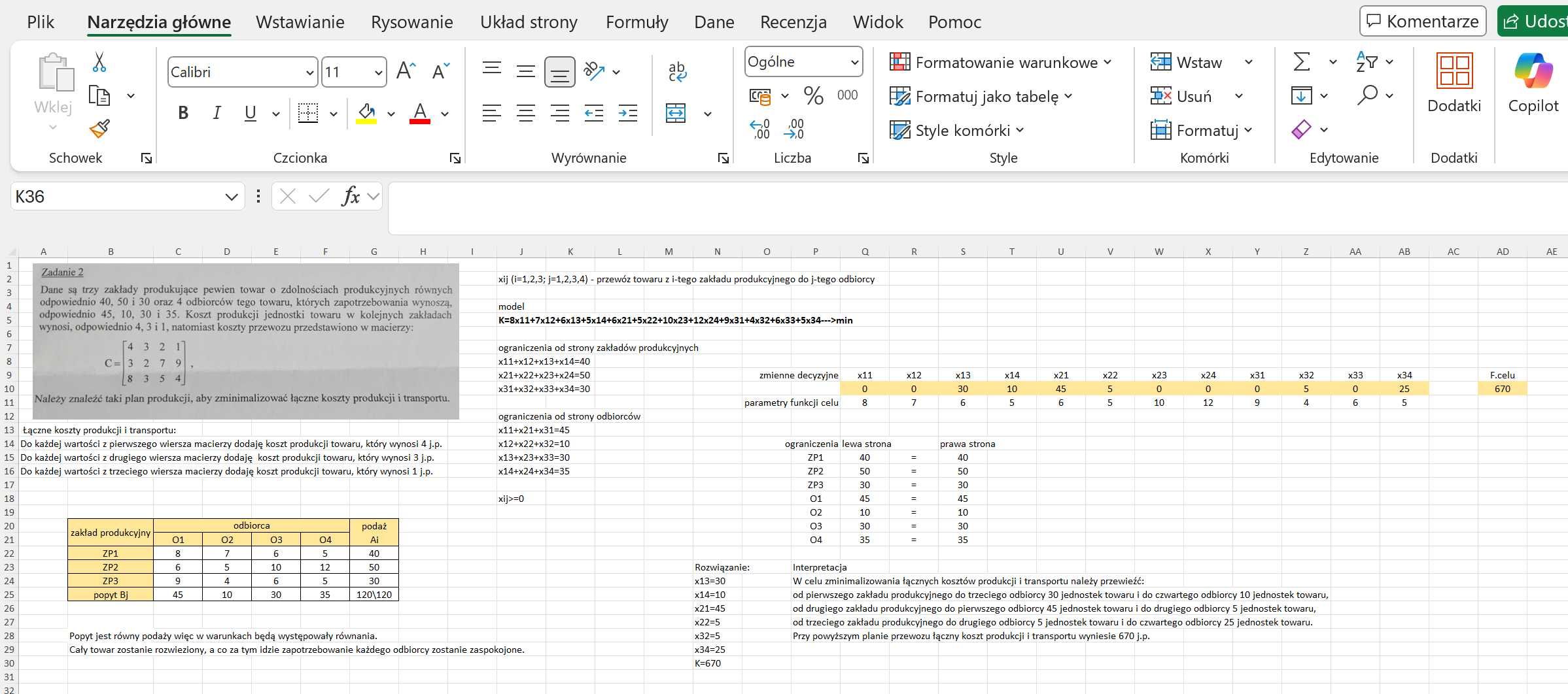 Korepetycje, rozwiązywanie zadań, EXCEL, SOLVER, programowanie liniowe