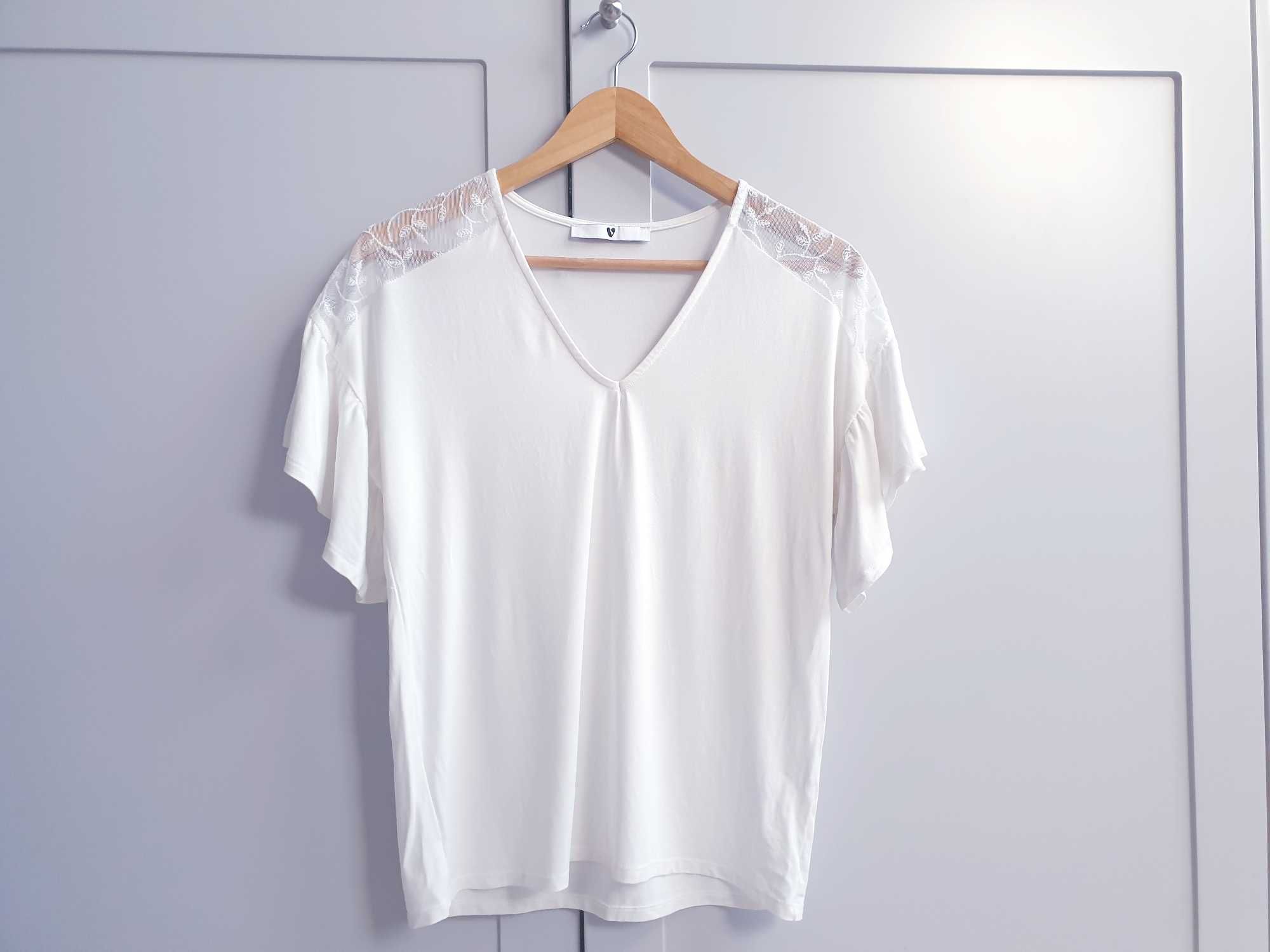 Biała kremowa bluzka t-shirt koronkowa V by Very 36 38 oversize