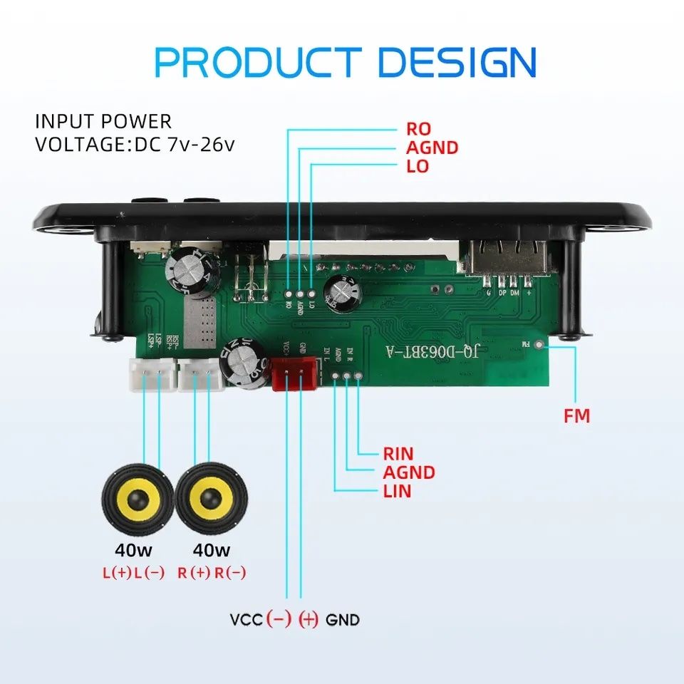 Декодер mp-3 плеер, Bluetooth 5.0 с усилителем 2*40W. FM, aux, usb, tf