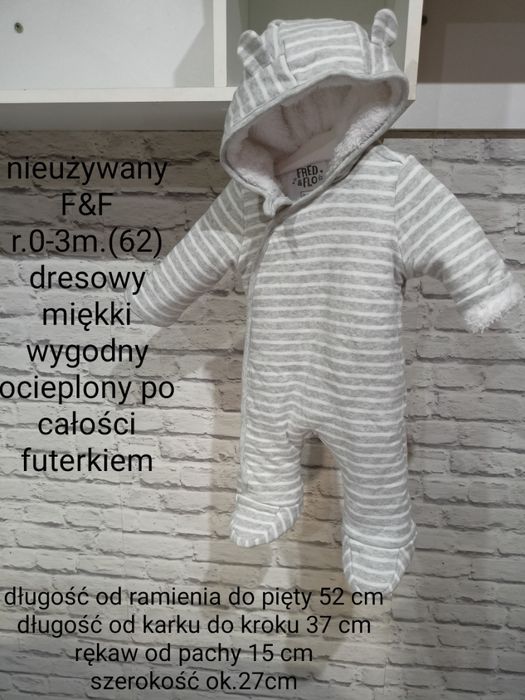 F F 56 62 kombinezon dresowy ciepły pajac miś z uszami zimowy przejsci