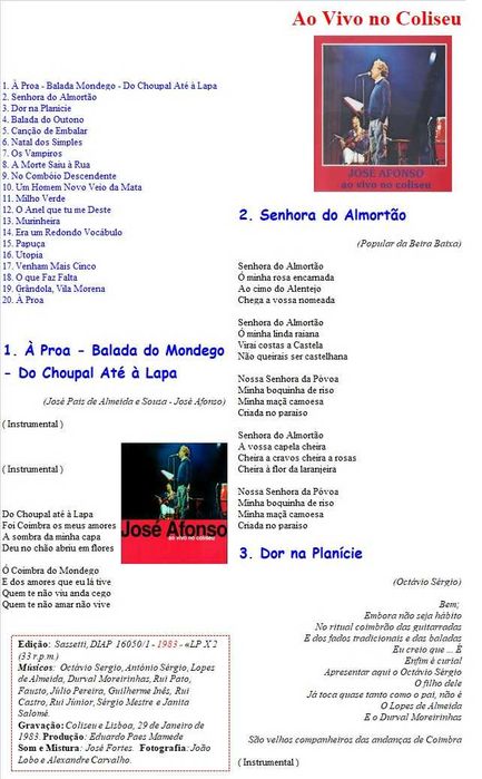 José Afonso	- - - - -		Ao Vivo no Coliseu	- - - - -	2 X LP