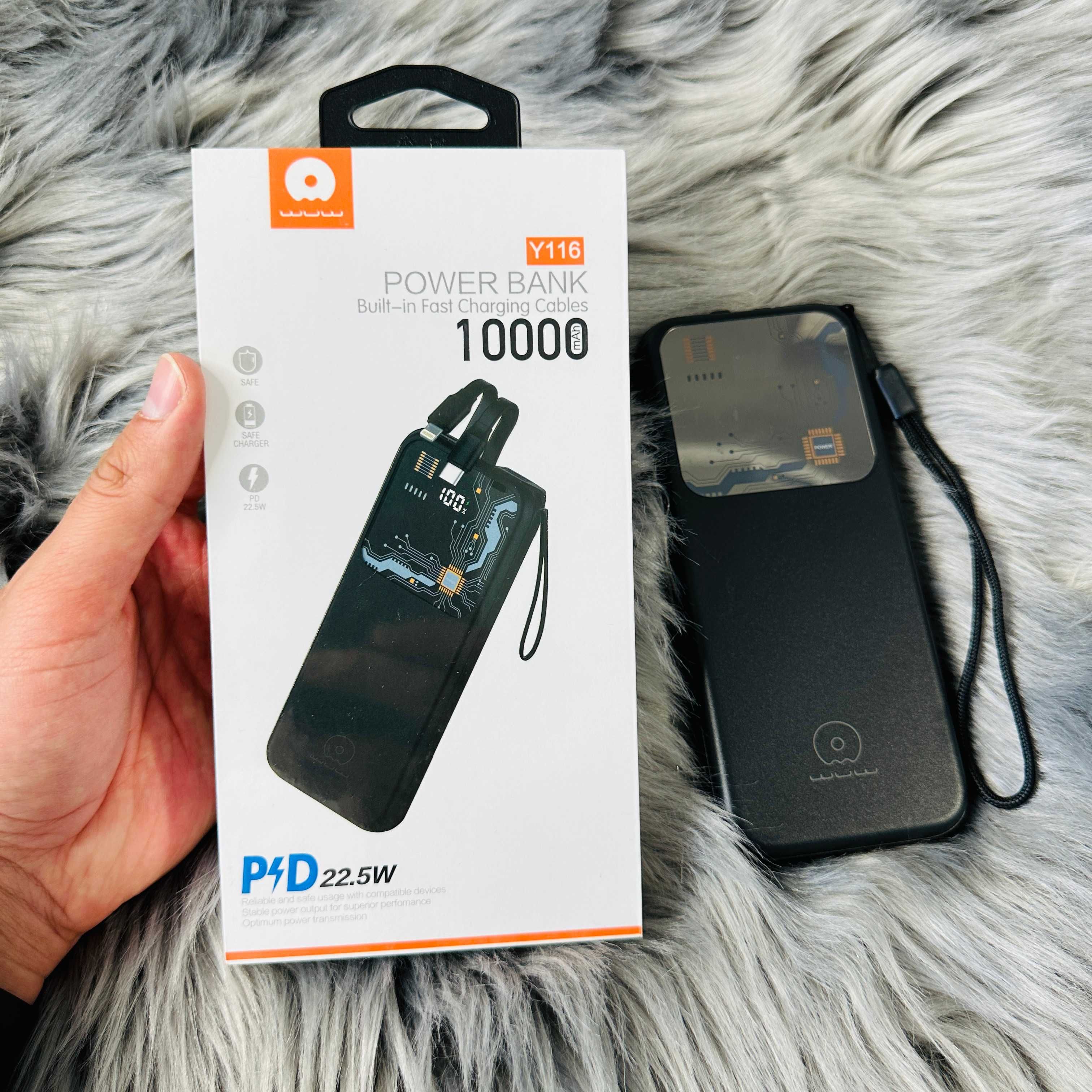 Павербанк 10000 mAh з 2 кабелями 22.5W та екраном Wuw Y116 Power bank