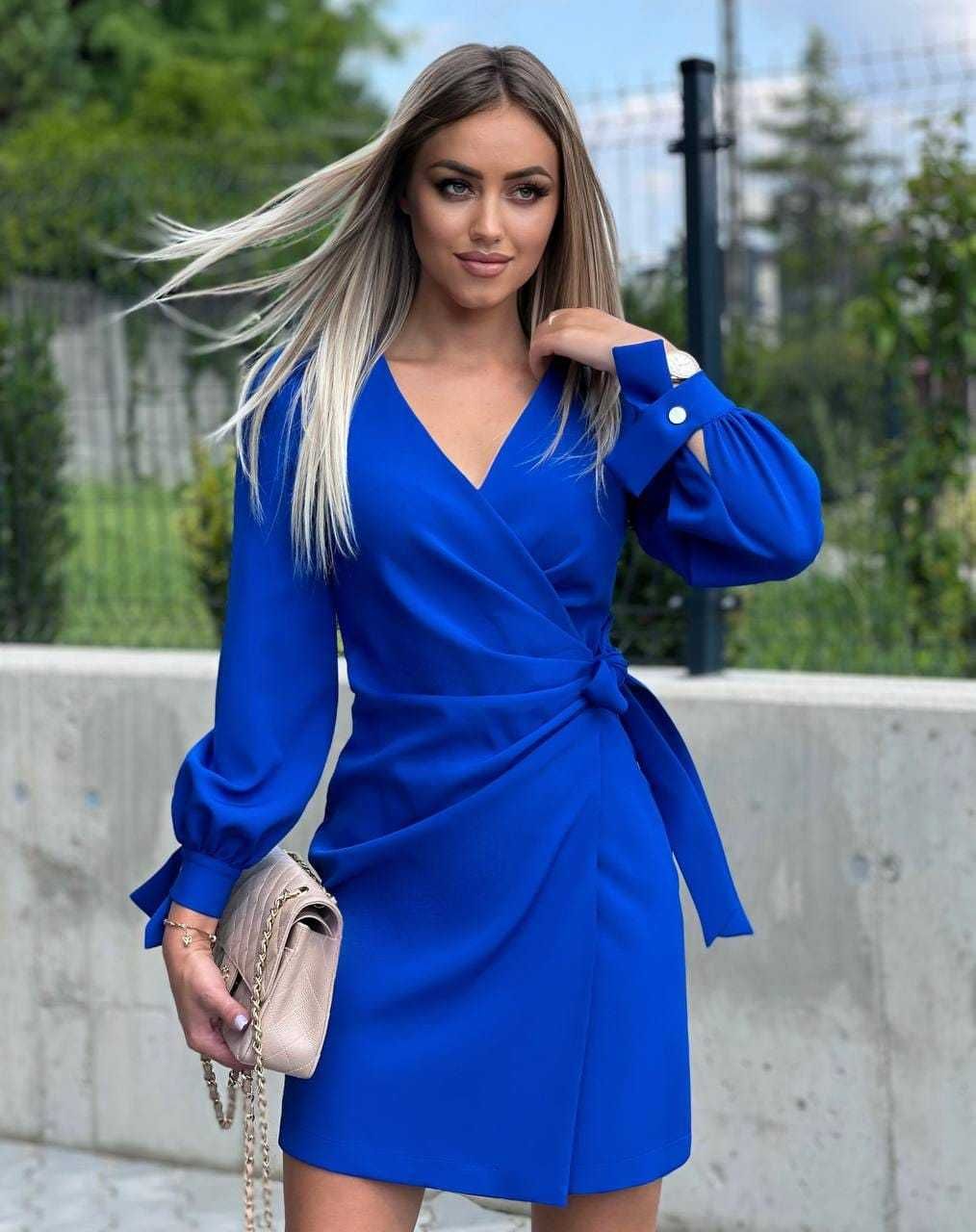 Chabrowa sukienka wiązana w pasie, niebieska M 38