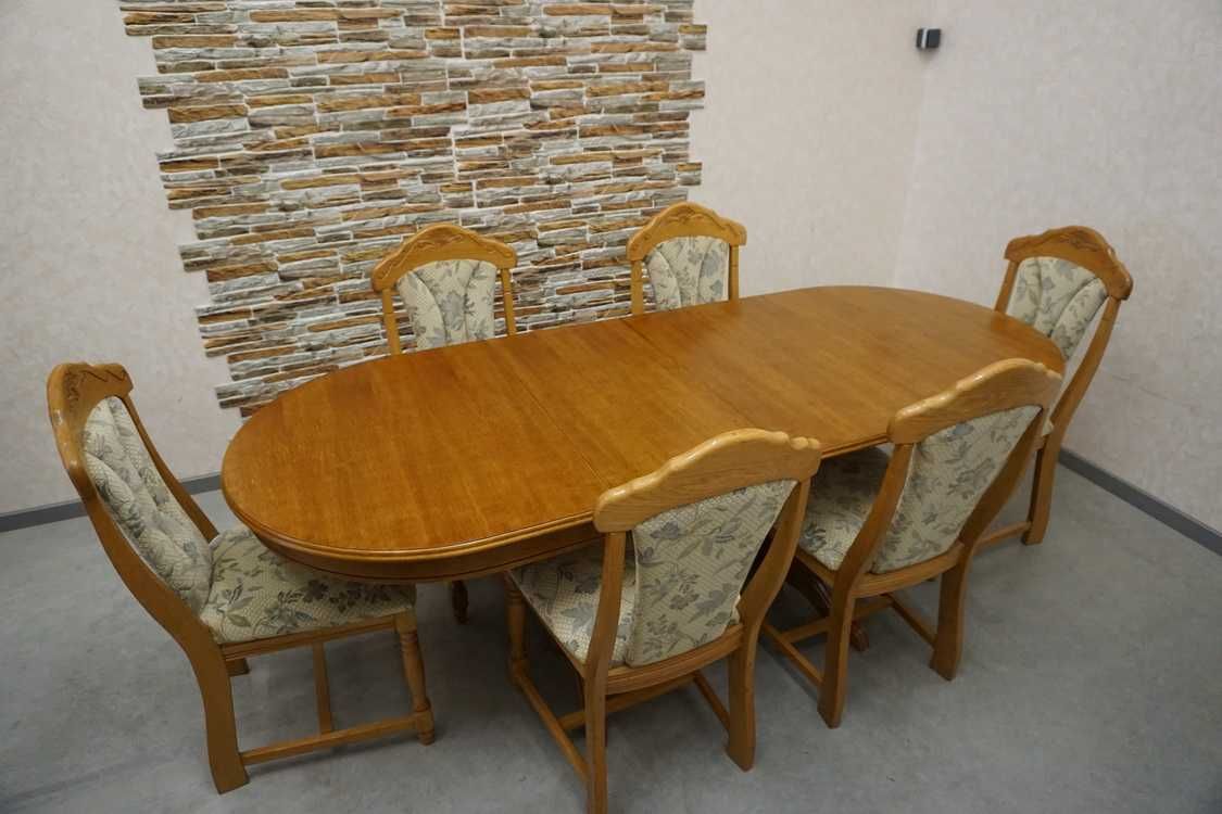 stół rozkładany do 280 (3 wstawki) dębowy + 6 krzeseł