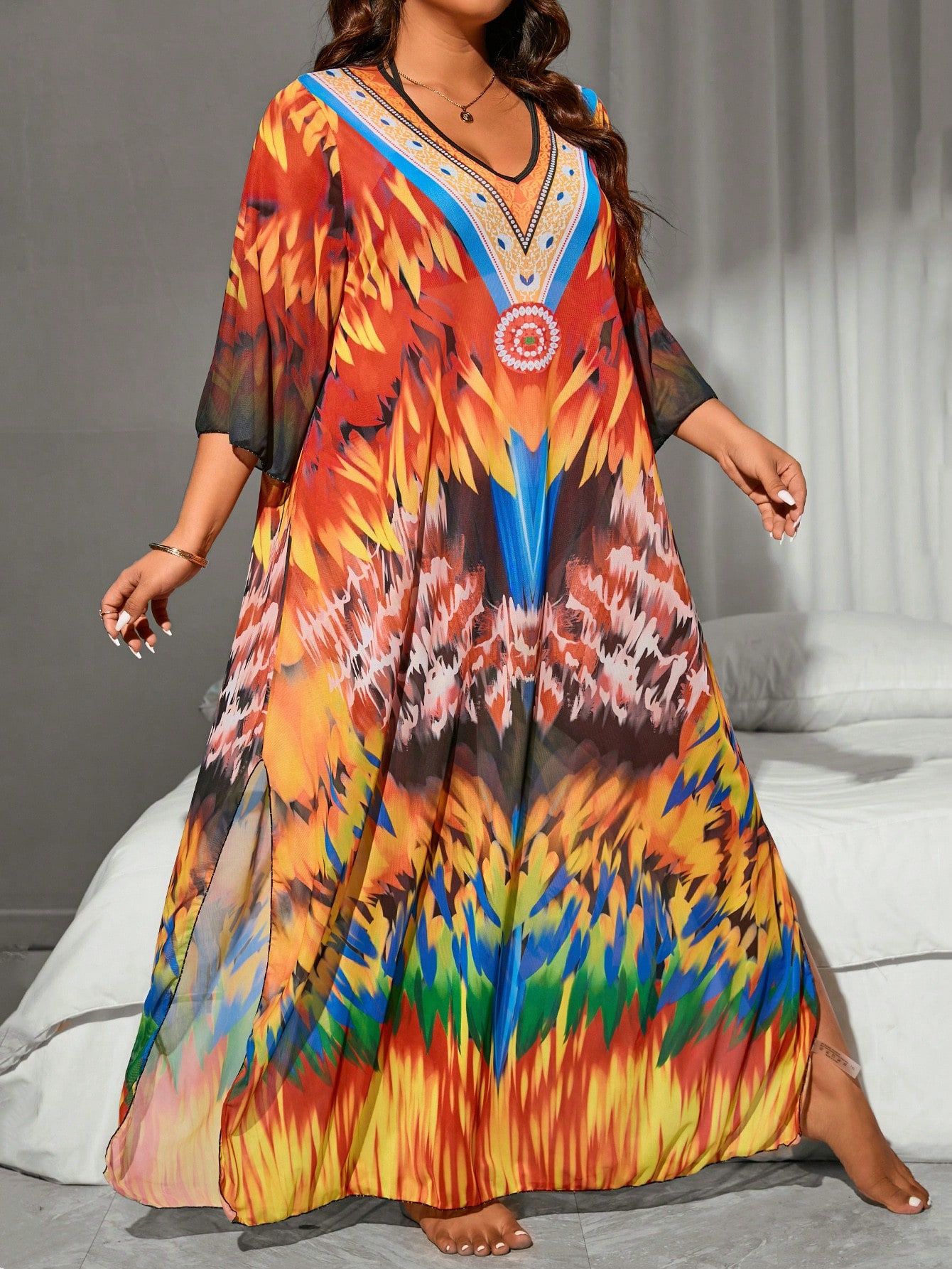 Sukienka Tunika Plażowa Siateczkowa Maxi Tie Dye Casual Shein 5Xl 50
