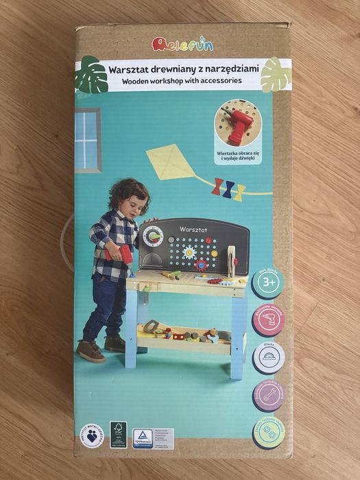 Warsztat drewniany z narzędziami elefun zabawka dla chłopca nowa