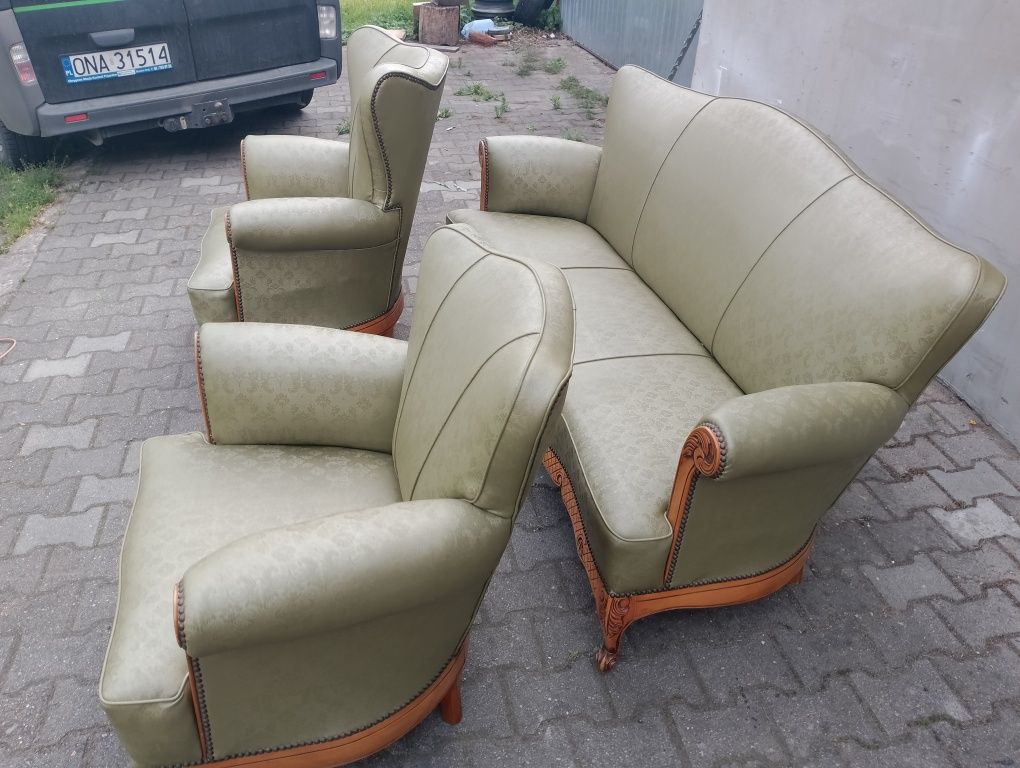 Stylowy wypoczynek ludwik 3+1+1 w dębowym stelażu