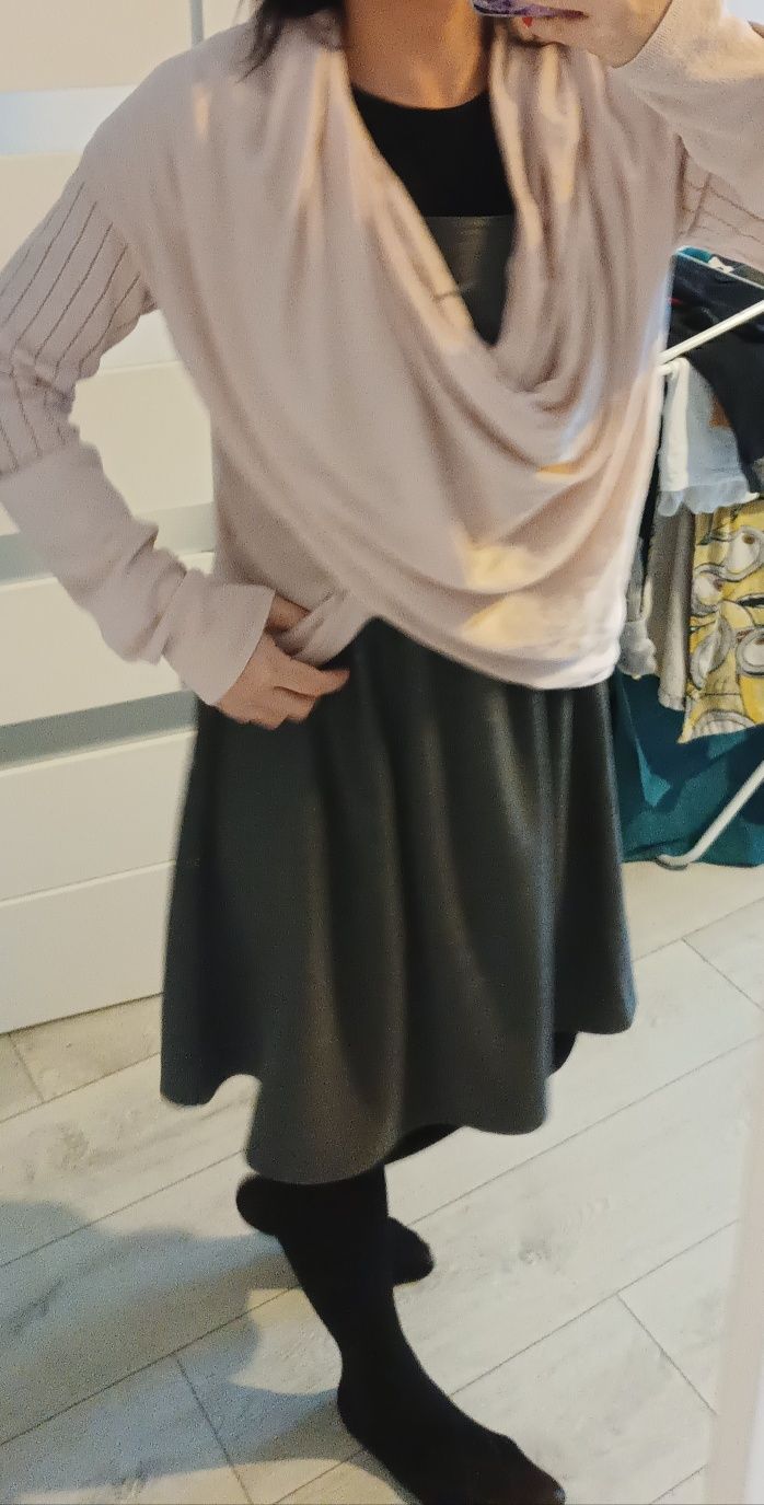 Sweter różowy asymetryczny pudrowy róż z marszczeniem l xl