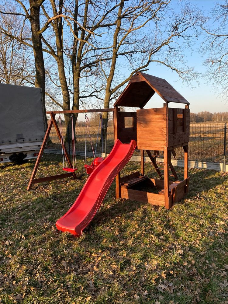 Plac zabaw dla dziecka dzieci drewniany ogrodowy zjeżdżalnia huśtawki