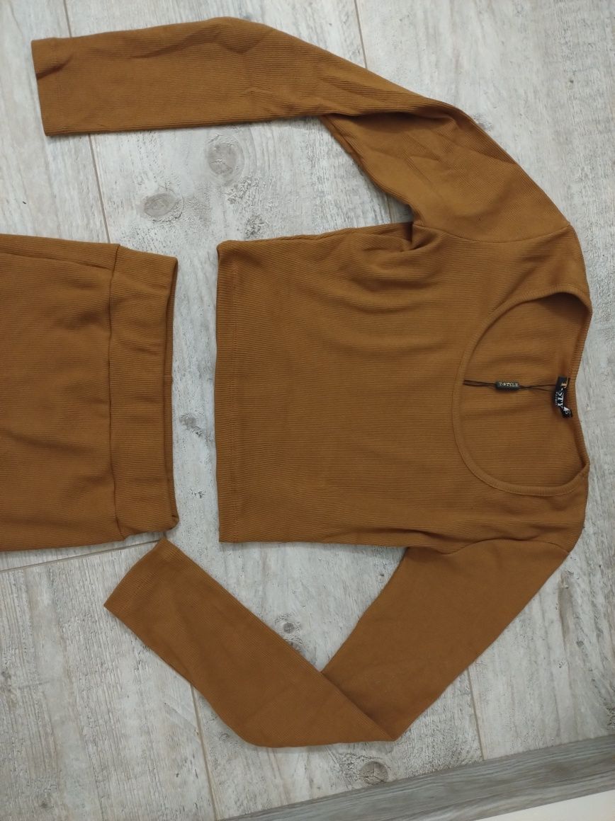 Komplet bawełna prążek S/M brązowy top + spódnica z wysokim stanem