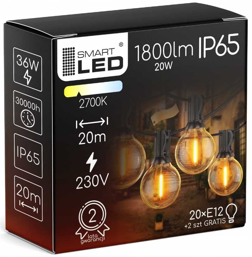 Girlanda Ogrodowa Świetlna 20M 20X Żarówka LED 1W