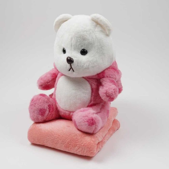 Мягкий мишка с капюшоном 3в1: игрушка, подушка, плед (розовый, 40 см)