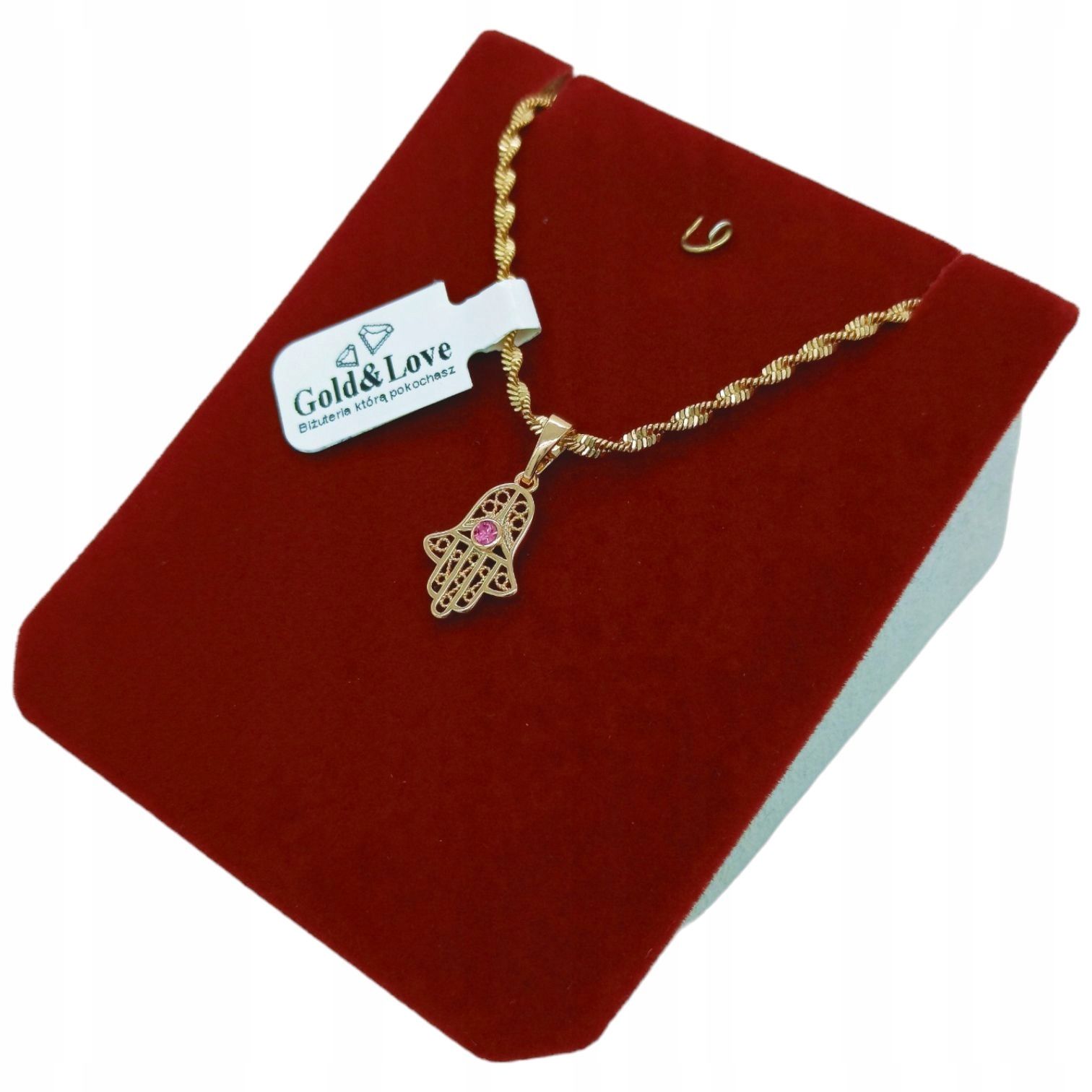 Złoty Naszyjnik 55 Cm Ręka Fatimy Amulet Różowe Oczko Dla Mamy  N529