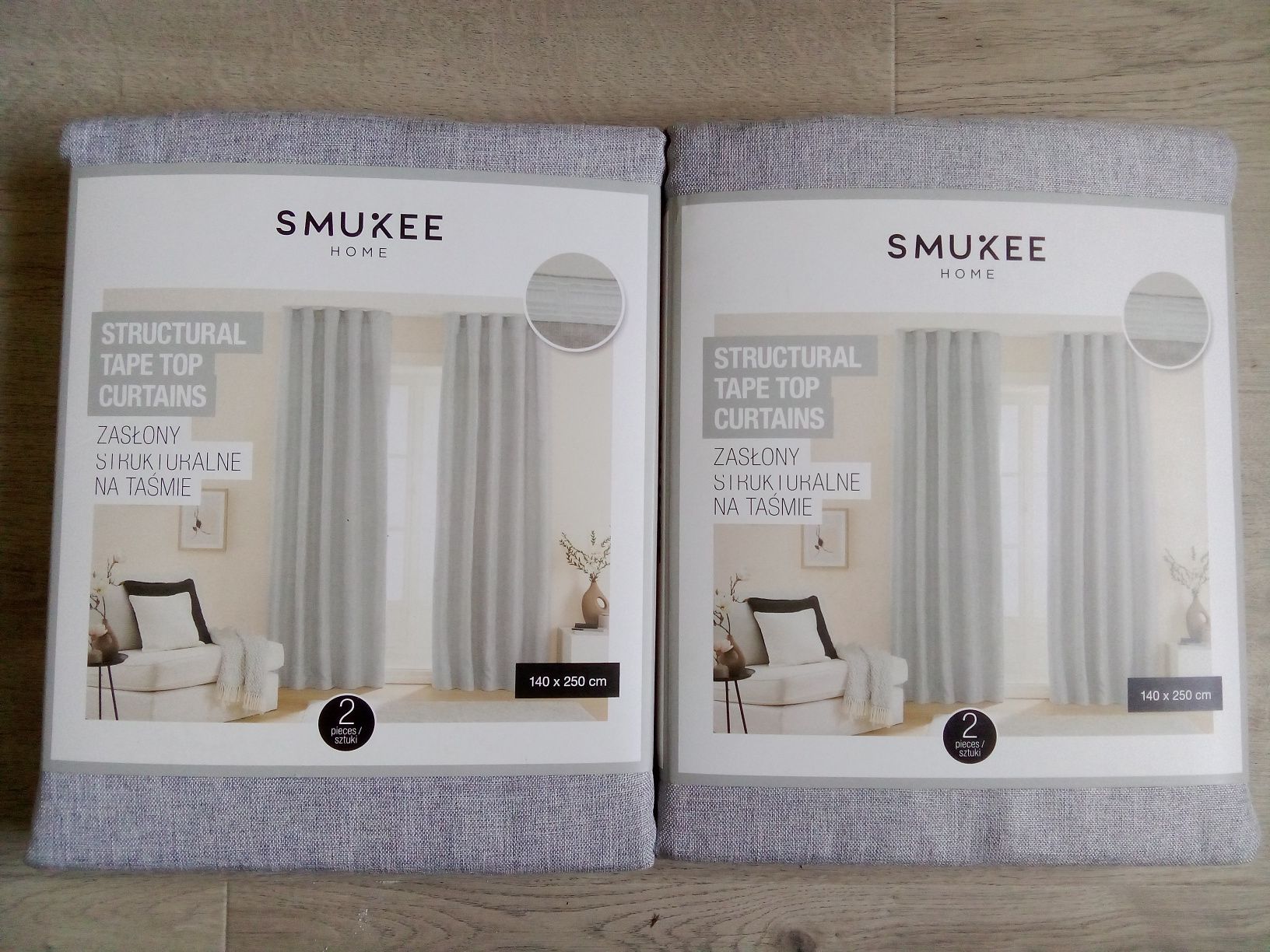 4 zasłony boho szare na taśmie 140/250cm zestaw 4x zasłona