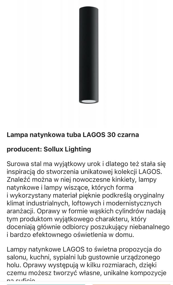 Tuba lampa lagos 30cm nowa czarna