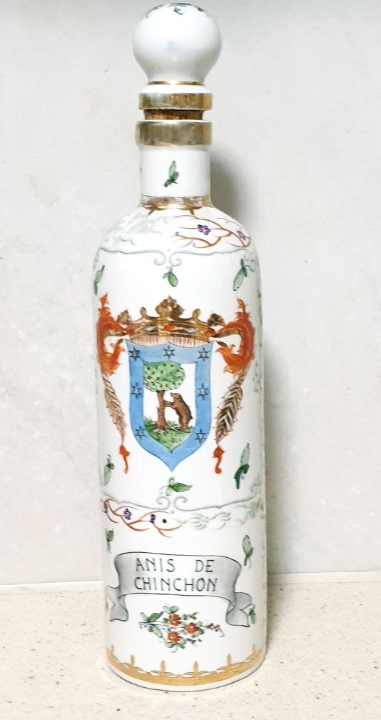 Linda antiga garrafa Anis de Chinon em porcelana policromada