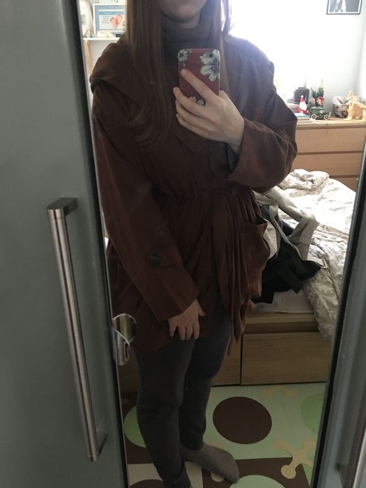 Czekoladowa brązowa parka bombka wiązana w talii z kapturem BooHoo M/L