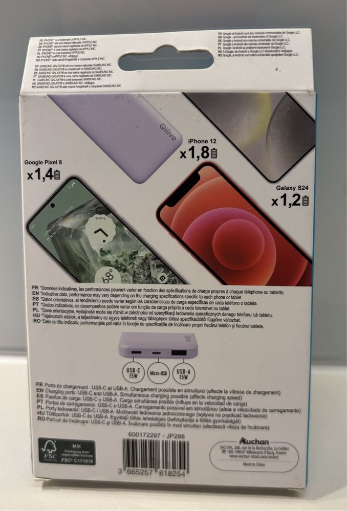 Qilive Power Bank 10 000 mAh USB-C, USB-A kolor fioletowy