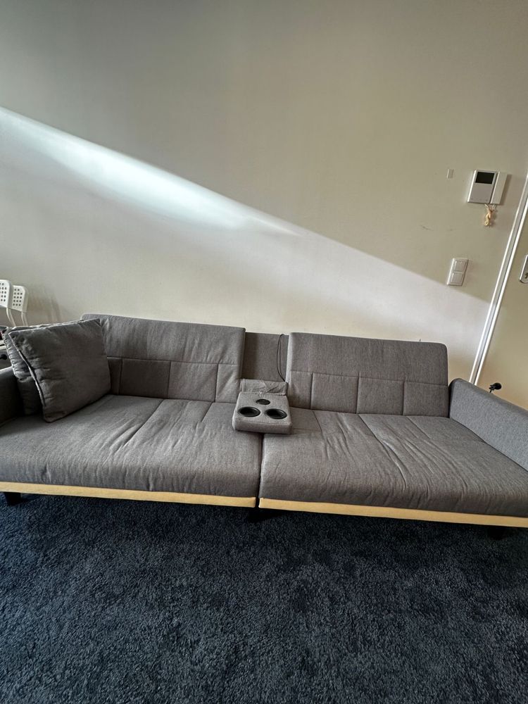 Sofá-Cama com Suportes para Copos Tecido Cinzento-Claro