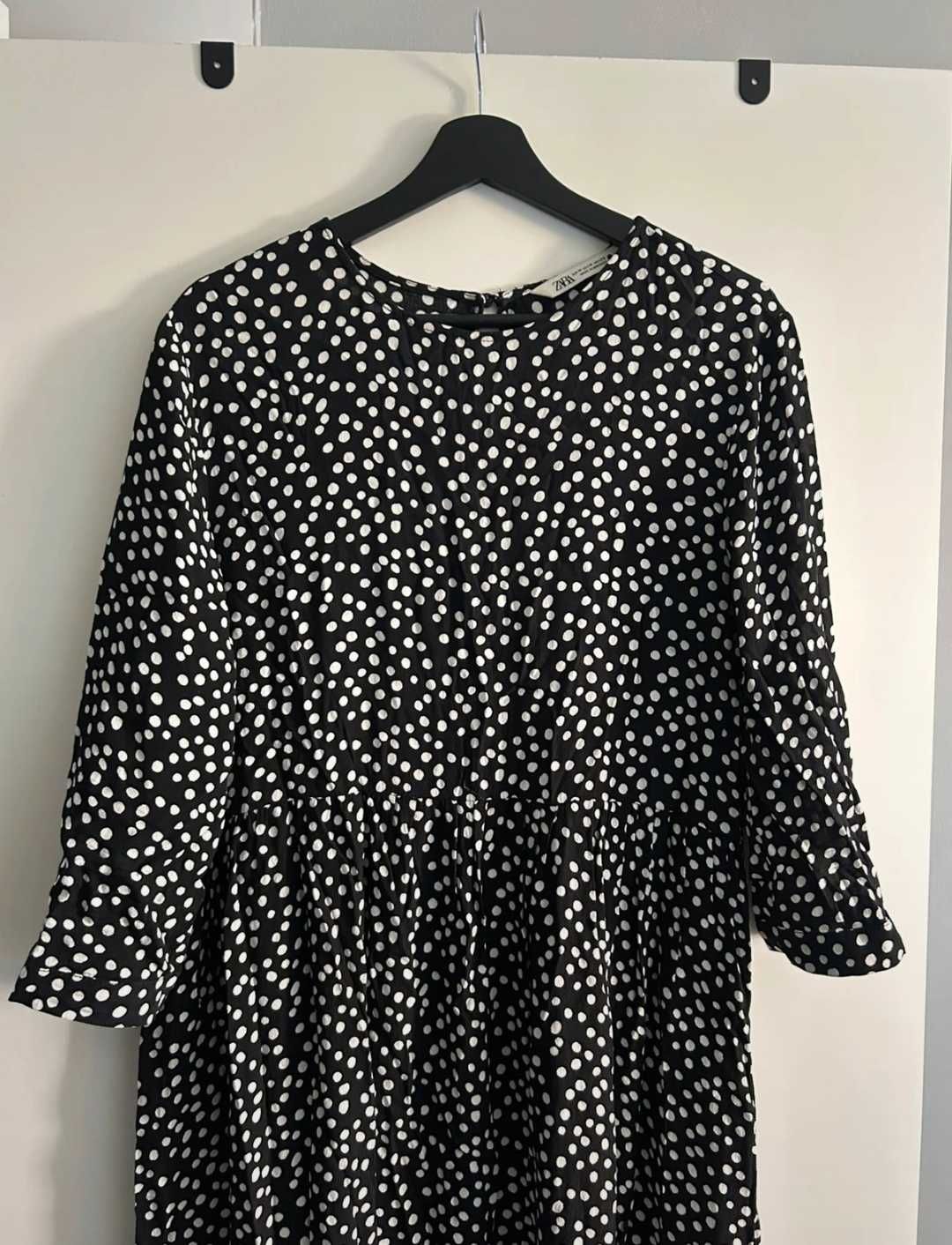 Zara czarna maxi MIDI sukienka w grochy kropki falbany wiskoza S