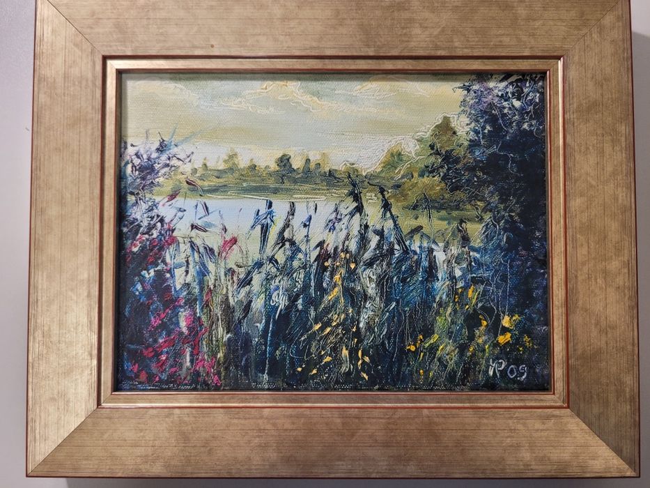 Pejzaż Olejny Impresjonistyczny Staw z Trzcinami