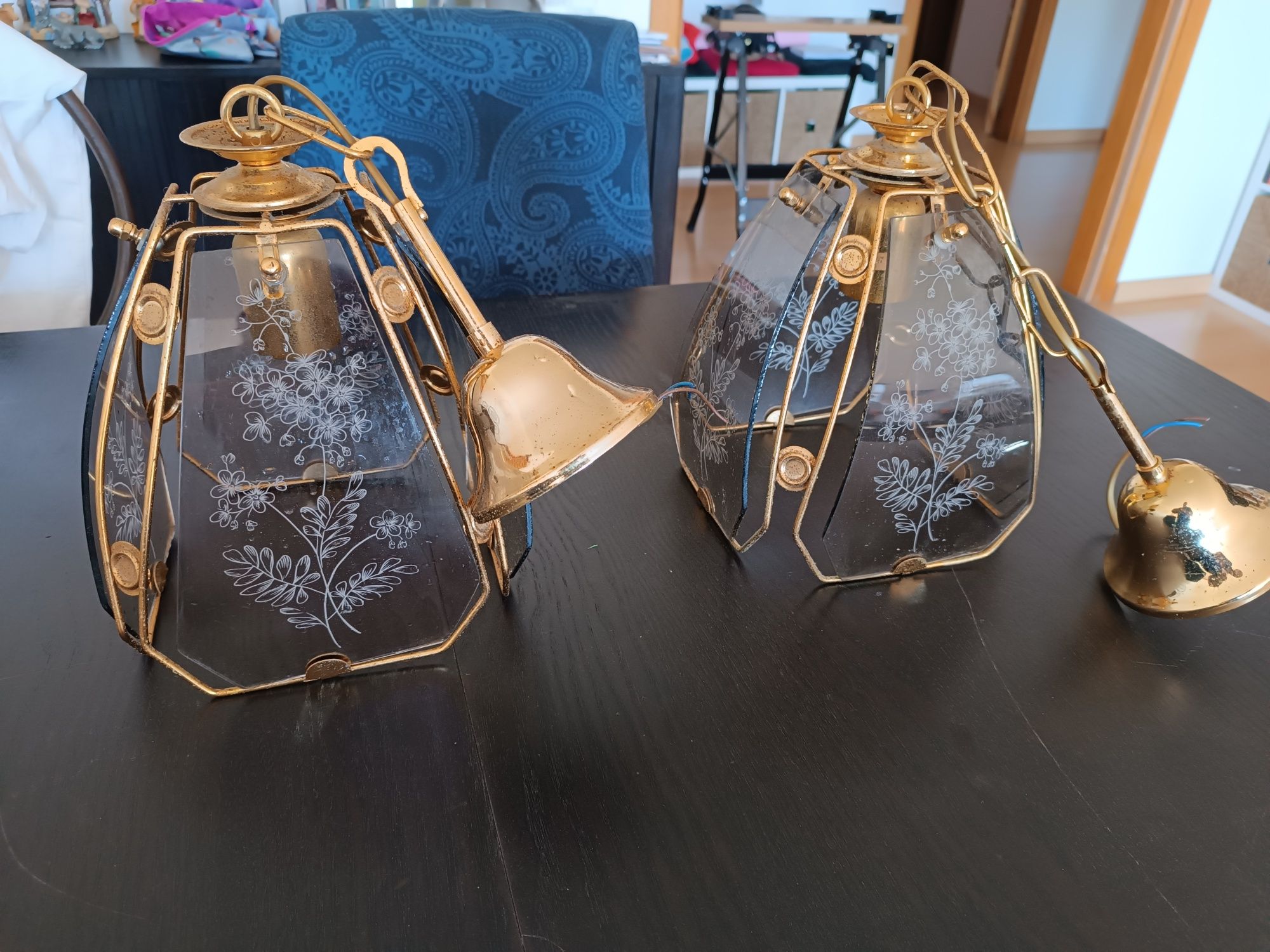Par de Candeeiros vintage em vidro e dourado