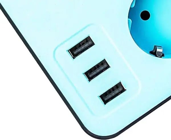 Сетевой удлинитель бирюзовый 3 розетки и 3 USB порта