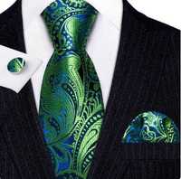 Nowy ZESTAW JEDWABNY Krawat Poszetka Spinki niebieski zielony