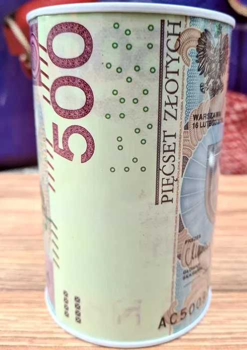 Okrągła skarbonka banknot nowa _ 500 złotych