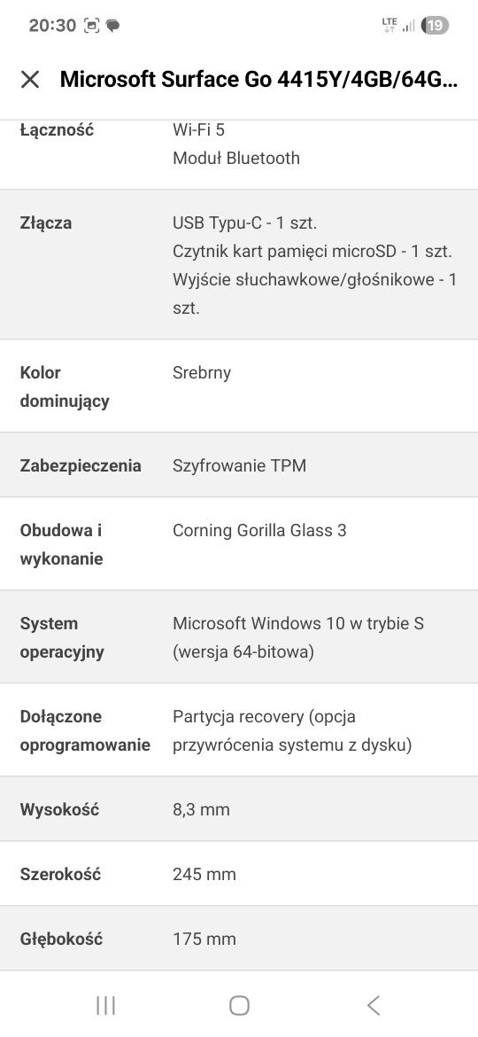 Tablet/laptop Microsoft Surface Go 4GB/64GB/W10S + klawiatura magnety