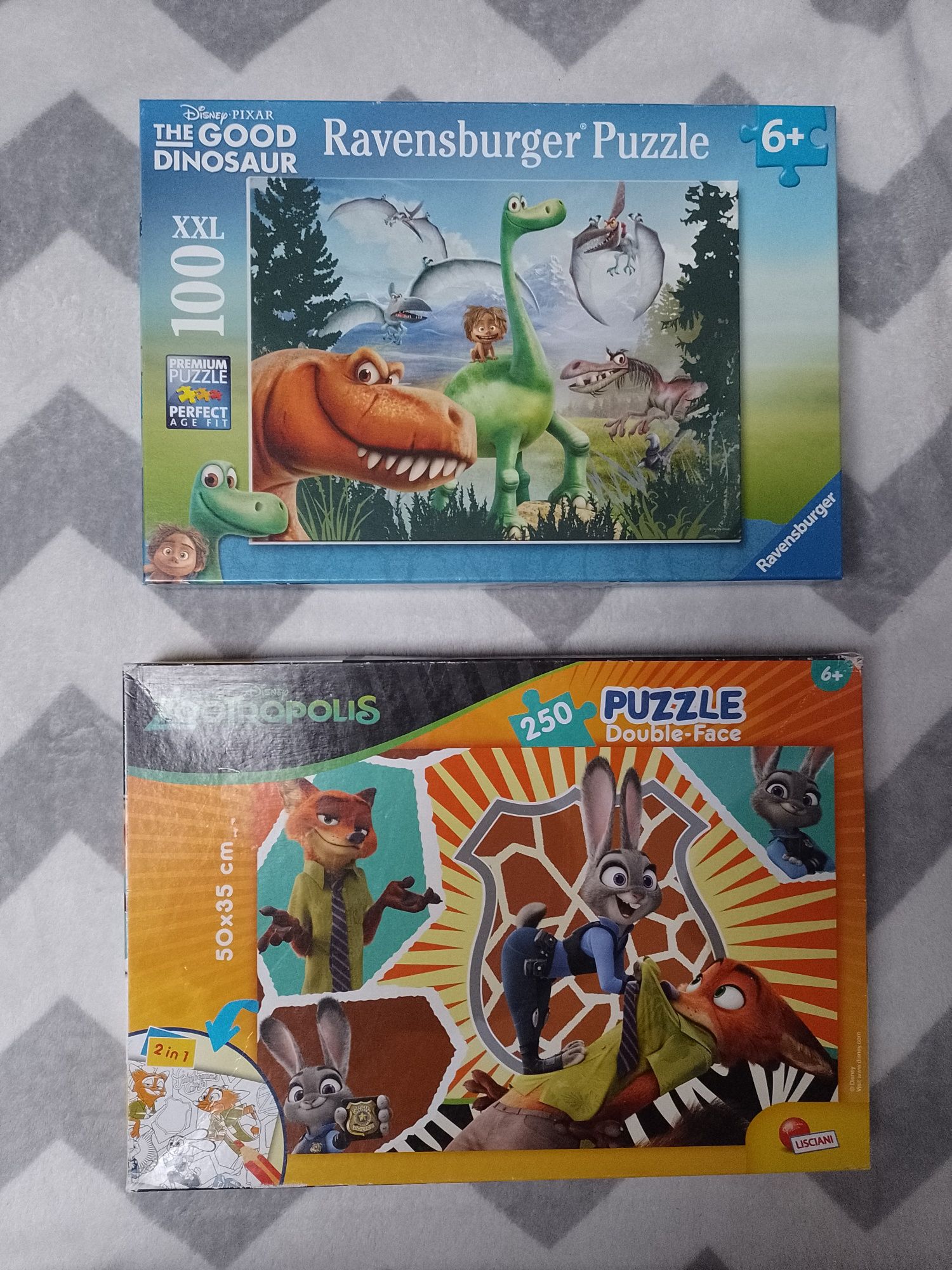 2x puzzle dla 6+ Zwierzogród 250 el / Dobry dinozaur 100 elementów