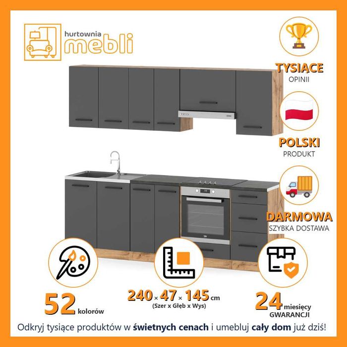 Zestaw Mebli Kuchennych Mokka Plus 2.4m Nowoczesna Kuchnia Z Blatem