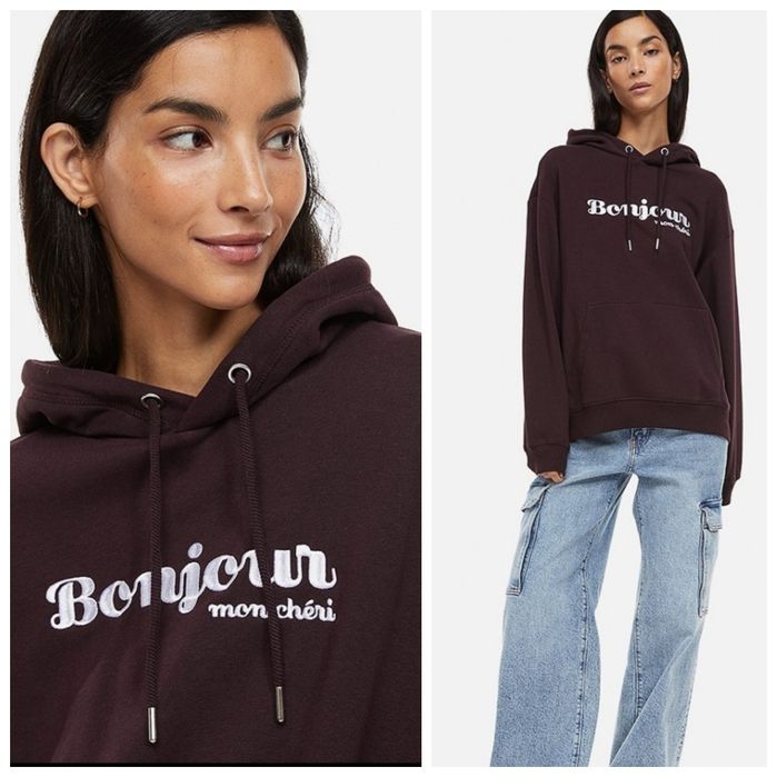 H&M L-XXL Owersizowa luźna bluza BONJOUR z kapturem w kolorze bakłażan