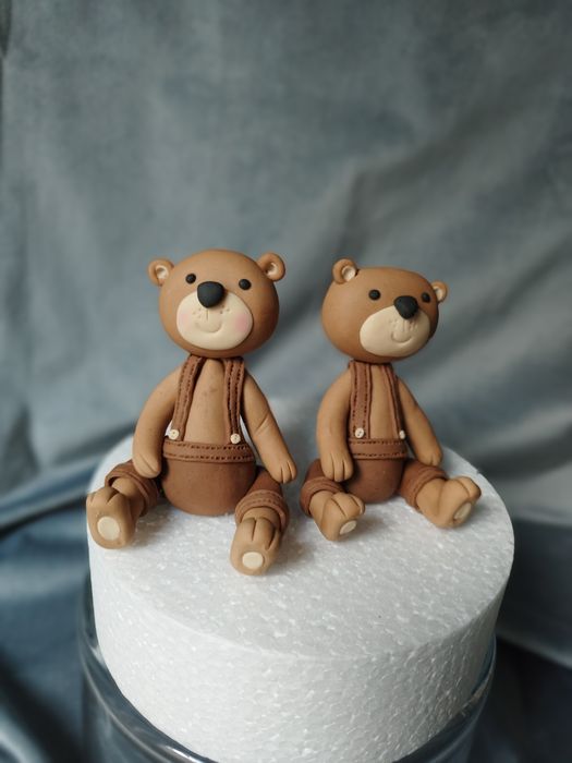 Dwa Misie ozdoba na tort, piętrowy masa cukrowa, chrzest roczek