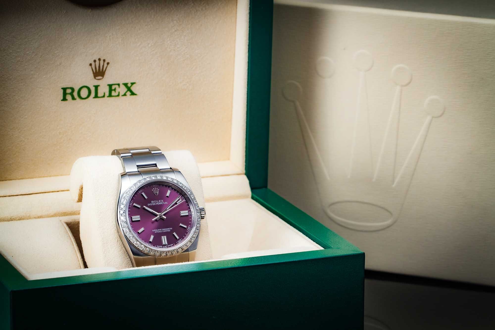 ROLEX Oyster Perpetual 36, RED GRAPE, diamentowy