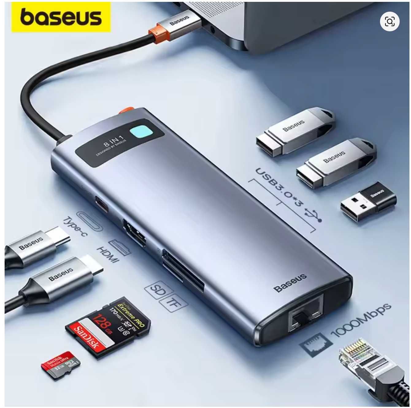 Хаб Baseus 8 in 1 Type-C Gleam hub адаптер переходник otg Macbook Pro