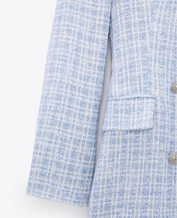 блактиний твідовий піджак блейзер жакет приталений в клітинку zara