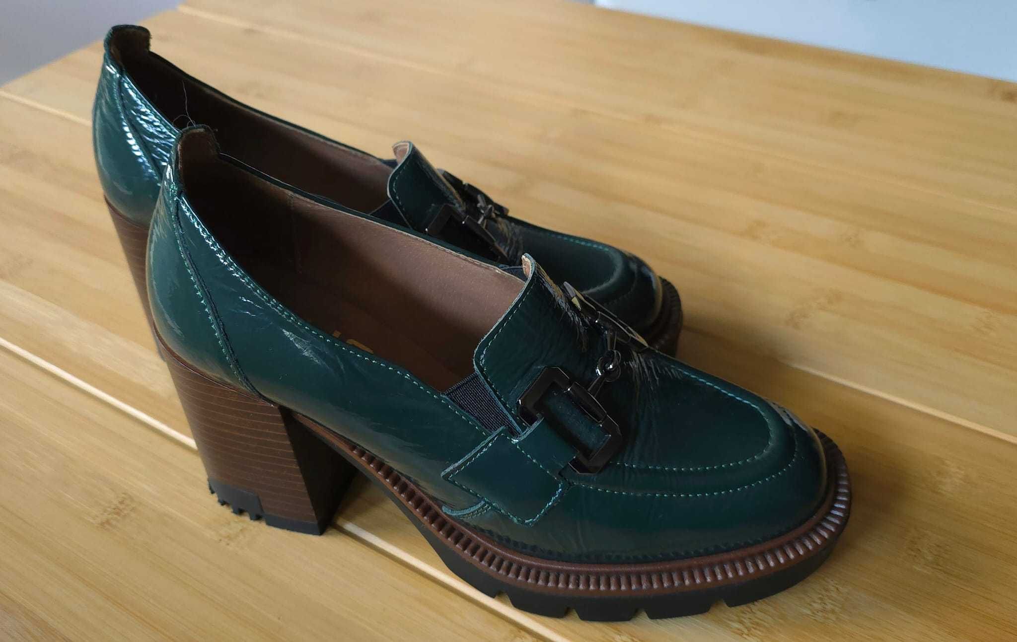 Buty damskie Kulig skórzane, zielone, lakier na słupku, r.37, jak nowe
